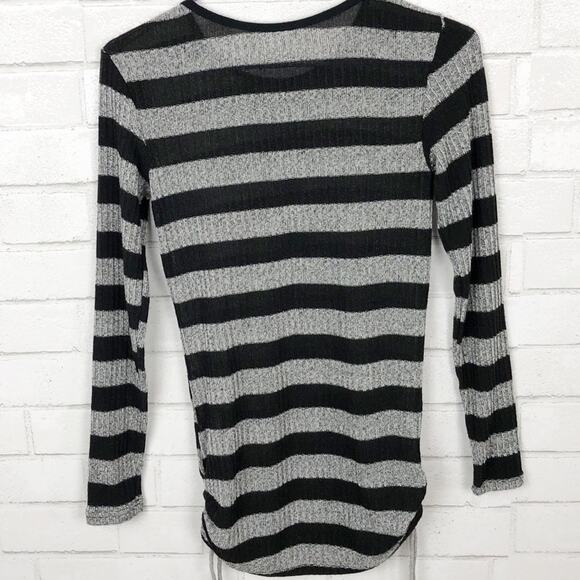 Body Wrappers Black Gray Striped Rib Knit Ruched Side Fitted Shirt Top Size XS - Picture 2 of 8